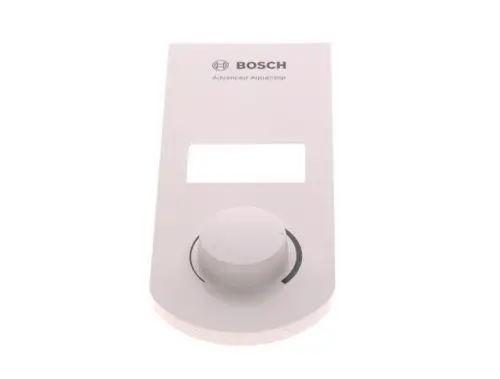 Weiße Blende mit Drehregler und rechteckiger Öffnung, beschriftet mit "Bosch" und "Advanced AquaStop". Eignet sich zur Verwendung in bestimmten Bosch-Geräten.